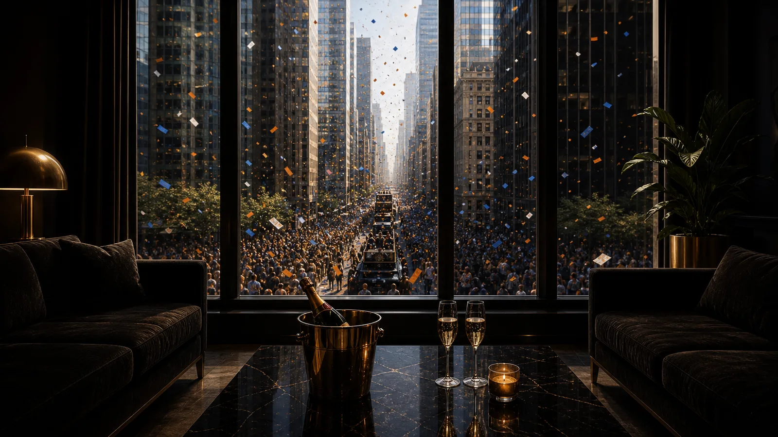 A cinematic view from the NBA Finals viewing lounge above New York.