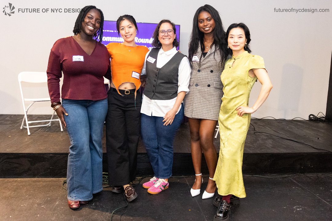 Five collaborators standing together at the Future of NYC Design gathering